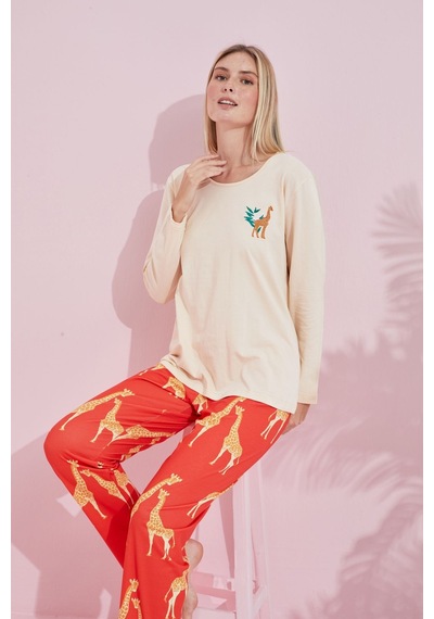 Siyah İnci Pamuklu Örme Pijama Takım 24240167 Krem