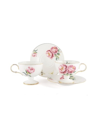 Redrose 2'li Porselen Çay Seti, Pembe Çiçek Desenli, Altın Kenarlıklı, 220cc, Fincan Ve Tabak 2 Kişilik Çok Renkli