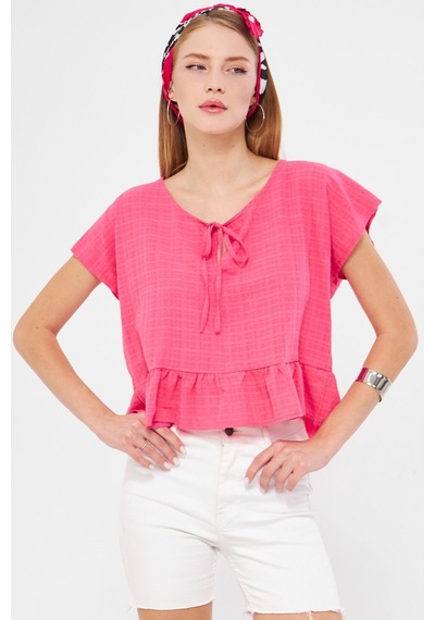 Armonika Kadın Fuşya Yarasa Kol Yakası Bağlamalı Eteği Fırfırlı Oversize Crop Bluz Arm-24y001088