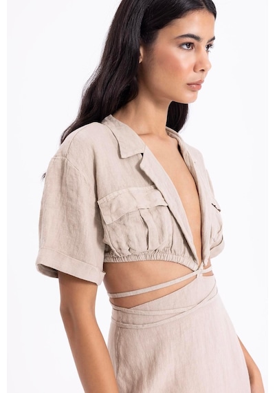 Fashion Cocktail Ham Keten Arka Yırtmaçlı Kalem Etek Derin V Yaka Kısa Kol Krop Bohem Yazlık Takım Krem Fashion Cocktail Ham Keten Arka Yırtmaçlı Kalem Etek Derin V Yaka Kısa Kol Krop Bohem Yazlık Takım Krem