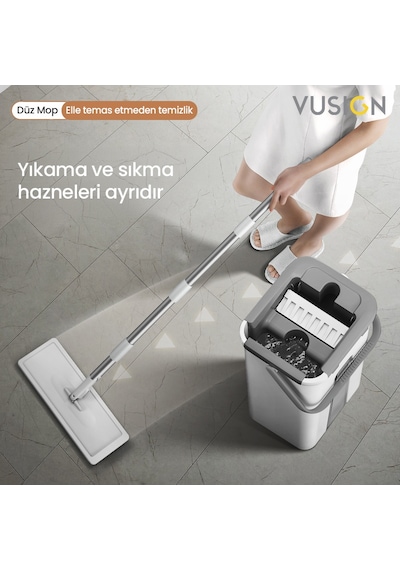 Vusıgn Düz Mop Paspas Seti Kovası Ve Mikrofiber Moplu Temizlik Seti 123 Cm