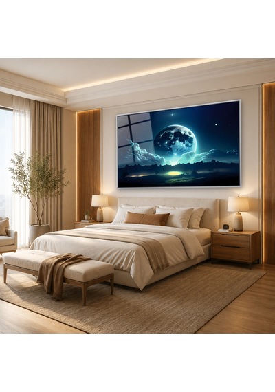 Bulutlar Üstünde Dev Dolunay Gümüş Çerçeveli Cam Tablo