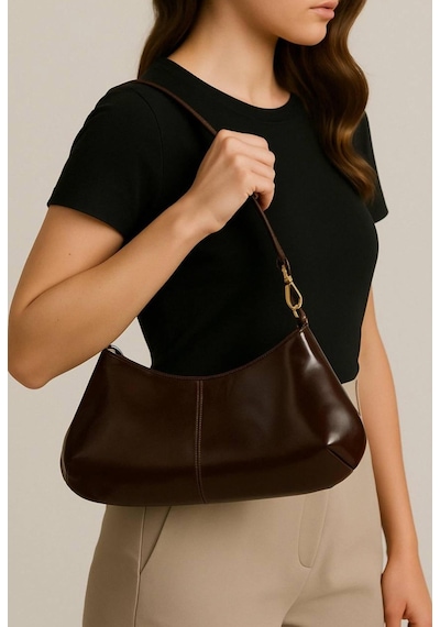 Lovelystore Bükreş Model Omuz Ve El Çantası Parlak Kırçıllı Yapılı Fermuarlı 33x14 Acı Kahverengi