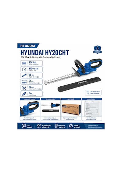Hyundai Hy20cht 20v Max Akülü Çit Budama Makinesi 55 Cm Bıçak 20 Mm Kesim Akü Ve Şarj Cihazı Hariç