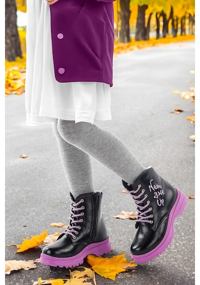 Kiko Kids Termo Taban Kız Çocuk Bot 610 Çatlak Siyah - Lila