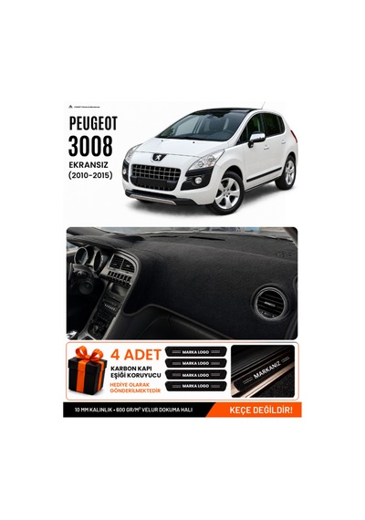 Peugeot 3008 Ekransız 2010-2015 Uyumlu Torpido Örtüsü, Torpido Kılıfı - Siyah