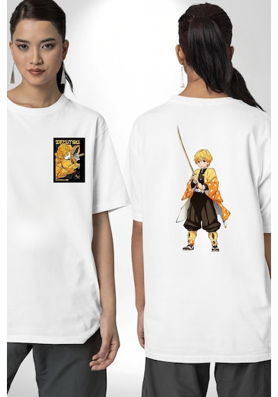 Zenitsu Agatsuma Anime Beyaz Oversize Unisex Ön Ve Sırt Baskılı Tişört Beyaz