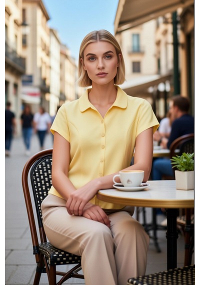 Benerly Kadın Örme Bluz Bebe Yaka Kısa Kol Düğmeli Esnek Düz Desen Vücuda Açık Sarı Benerly Kadın Örme Bluz Bebe Yaka Kısa Kol Düğmeli Esnek Düz Desen Vücuda Açık Sarı