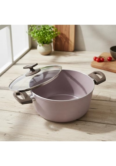 Buzz 22 Cm Derin Tencere - Shadow Krem Kırçıl Granit Efektli Yanmaz Yapışmaz Cam Kapaklı Çorba Ve Yemek Tenceresi 12v