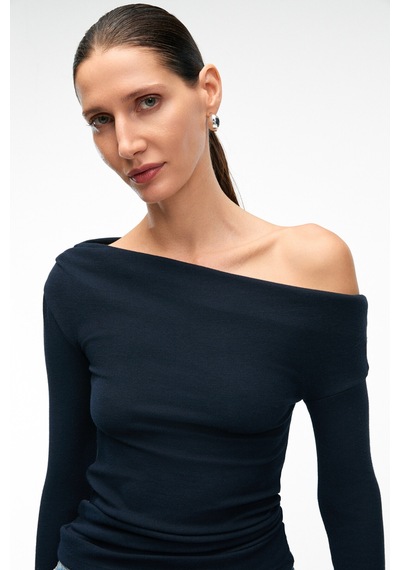 Grımelange OLIVIENN Kadın Omuzu Açık Asimetrik Yakalı Uzun Kollu Slim Fit Lacivert Bluz Grımelange OLIVIENN Kadın Omuzu Açık Asimetrik Yakalı Uzun Kollu Slim Fit Lacivert Bluz