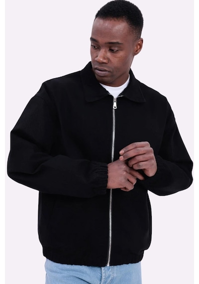 Freemen Erkek Basic Gabardin Kumaş Fermuarlı Oversize Mevsimlik Polo Yaka Ceket Siyah