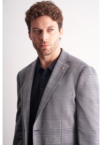 İmza Lacivert Mono Yaka Ekose Desen Pamuklu 6 Drop Comfort Fit Classic Ceket 1002255152 Lacivert