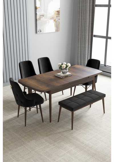 Loft Barok Desen 80x132 Açılabilir Mdf Masa Yemek Odası Takımı, Mutfak Takımı 4 Sandalye, 1 Bench Siyah Loft Barok Desen 80x132 Açılabilir Mdf Masa Yemek Odası Takımı, Mutfak Takımı 4 Sandalye, 1 Bench Siyah