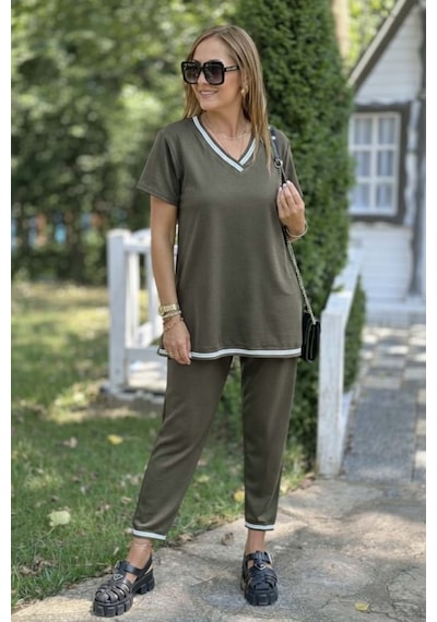Efnaz Style Kadın Kısa Kollu V Yakalı Iki Iplik Bluz Ve Pantolon Ikili Takım Siyah