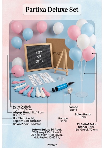 Gender Reveal Cinsiyet Partisi Süsleme Deluxe Set Kız Mı Erkek Mi Koyu Gri Keçe Yazı Panosu Standlı Pompa Balon Zincirli 7 Li Şeffaf Balon Standlı Tüm Yaşlar