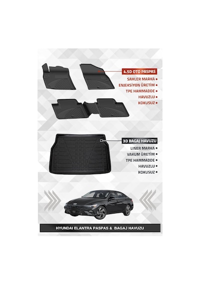 Sahler Hyundai Elantra 2021+ Uyumlu 4.5d Premium Havuzlu Oto Paspas Ve Liner Marka 3d Bagaj Havuzu