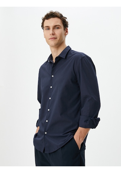 Koton Klasik Gömlek Slim Fit Uzun Kollu Düğmeli Lacivert 4wam60217hw Lacivert