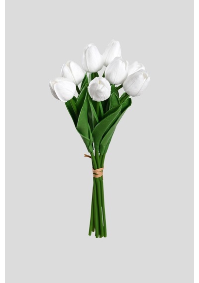 Beyaz Yapay Lüx Lale Çiçeği Buketi 8 Dallı Premium Canlı Islak Dokulu 35 Cm