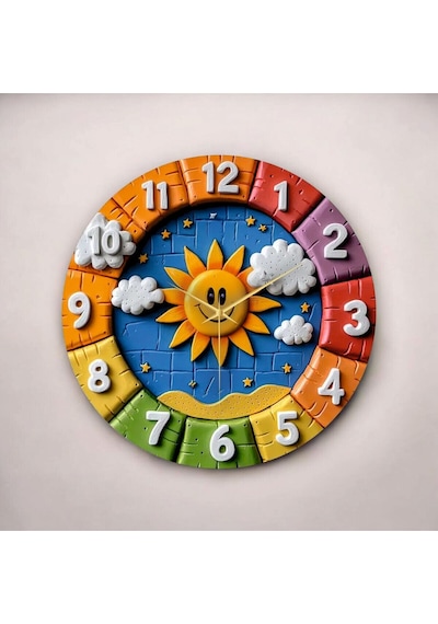AA Shop Renkli Baskı Güneş Çocuk Desenli Sayılı Hediyelik Ahşap Sessiz Duvar Saati 50cm ÇOk Renkli