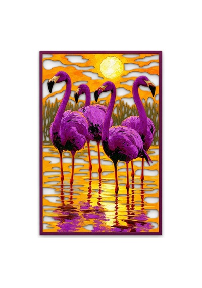 Gün Batımında Mor Flamingolar Metal Tablo 83x125 Cm Çok Renkli
