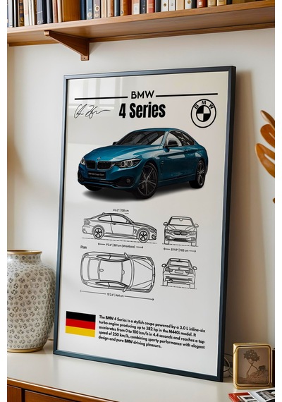 Bmw 4 Serisi Tablo - Teknik Özellikli Alman Spor Coupe Poster - Çerçeveli Duvar Dekoru - Blueprint Siyah