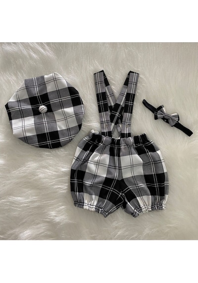 Eylülce Butik Siyah Ekoseli Çocuk Askılı Şort Salopet & Ressam Şapkası & Papyon Takım- Pasta Patlatma-doğum Günü