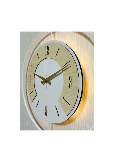 Pey Aksesuar 50x70 Cm Metal Ahşap Ve Işığın Muhteşem Uyumu Duvar Saati Dekoratif Ahşap-m54-beyaz-beyaz-akça-akça
