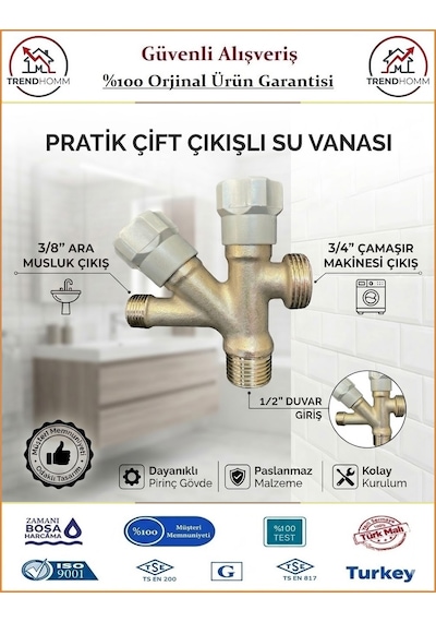 Trendhomm Çift Çıkışlı Ara Musluk - Bulaşık Makinası Ve Mutfak Batarya Çıkışı - %100 Prinç Gri - Gümüş