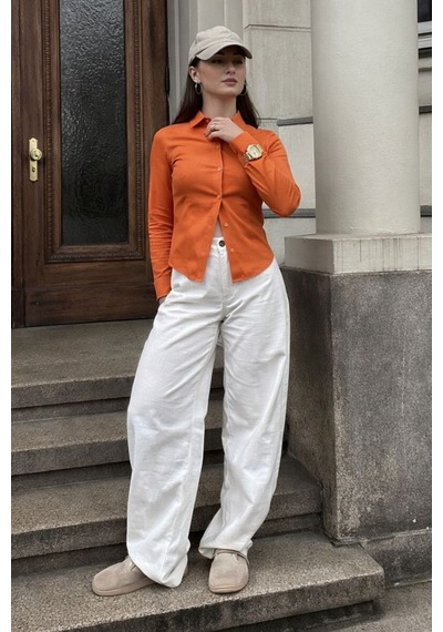 Seeh Turuncu Uzun Kollu Vücuda Oturan Gömlek Sh356 Basic
