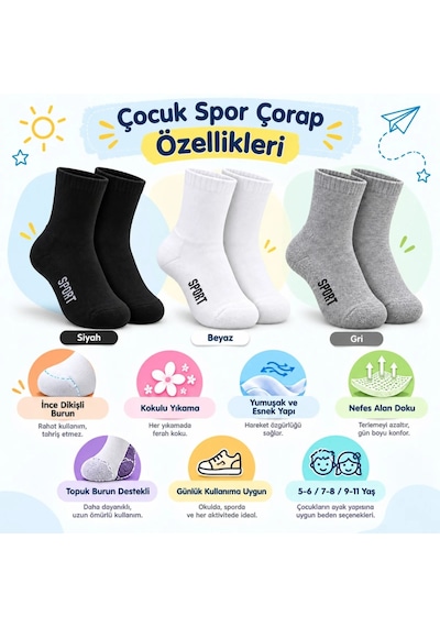 Bezos Çocuk Spor Çorap 3'lü Set Siyah Beyaz Gri İnce Dikişli Kokulu Yıkama Yumuşak Esnek Günlük Çorap Seti Agc Çok Renkli