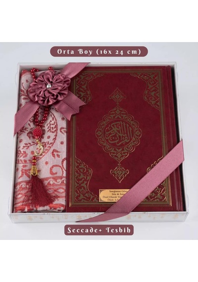 Kuran + Seccade + Tesbih Hediye Seti Orta Boy, Ekonomik Cilt, Desenli Kutu, Bordo
