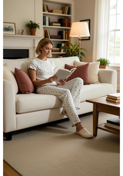 Benerly Kadın Bisiklet Yaka Kısa Kol Regular Kalıp Çiçekli Pijama Takımı Beyaz