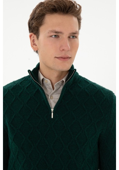U.S. Polo Assn. Erkek Regular Fit Yarım Fermuarlı Desenli Koyu Yeşil Kazak 50315035-VR079