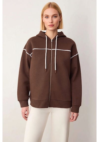 Benerly Kadın Kapüşonlu Fermuarlı Düşük Kol Sweatshirt Fonksiyonel Dayanı Kahverengi