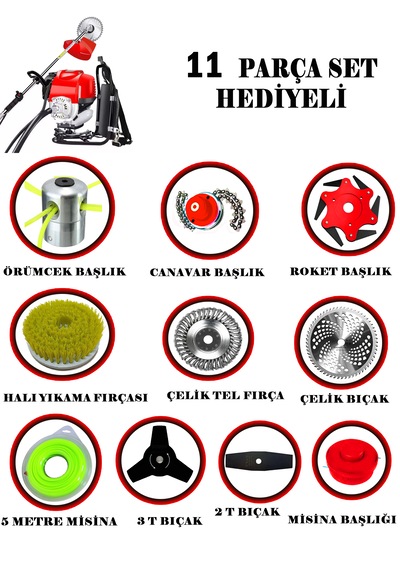 Eisenn Germany SRT-11 Krieger Sırt Tipi Benzinli Ot Çalı Çim Biçme Tırpanı + 11 Parça Full Set Halı Yıkamalı