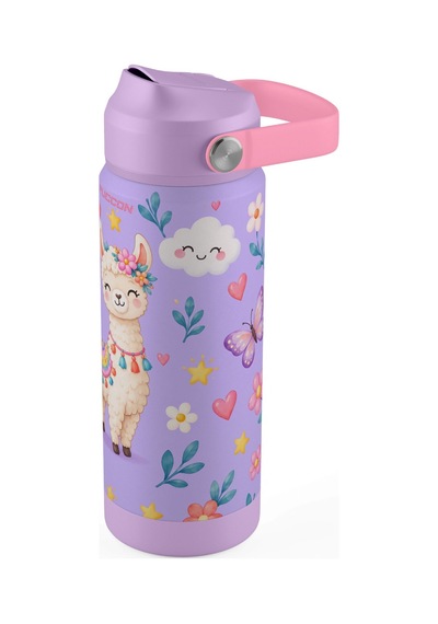 Puccon 540 Ml Sevimli Lama Baskılı Lila - Beyaz Kız Çocuk Pipetli Çelik Termos Matara/suluk - 60047