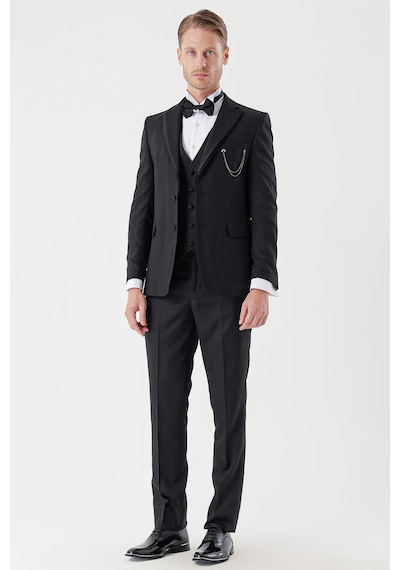 İmza Siyah Desenli Armürlü Çıkarılabilir Mono Yaka Yelekli 6 Drop Slim Fit Smokin Damatlık Takım 1001230202-Siyah İmza Siyah Desenli Armürlü Çıkarılabilir Mono Yaka Yelekli 6 Drop Slim Fit Smokin Damatlık Takım 1001230202-Siyah