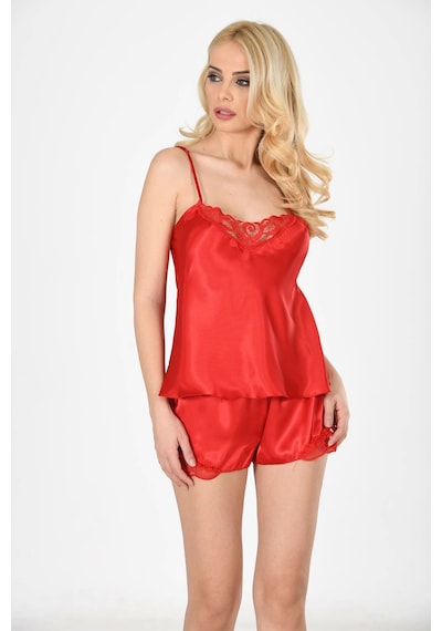 Kırmızı Saten Babydoll Şortlu Takım - 282 Çok Renkli