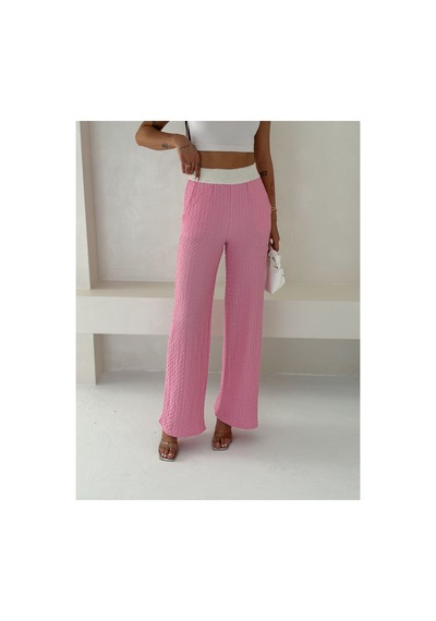 Gugus Kadın Gofre Beli Güpür Lastikli Wide Lege Yazlık Pantolon Pembe