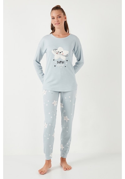 Lela Streç Standart Fit Bisiklet Yaka Desenli Bayan Pijama Takımı 6095700 Açık Gri