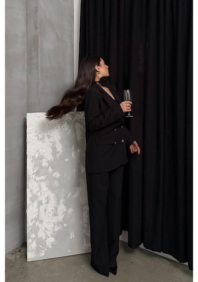Msm Fashion Kadın İkili Blazer Ceket Pantolon Takım Aksesuar Ve Düğme Detaylı Bol Paça Siyah Msm Fashion Kadın İkili Blazer Ceket Pantolon Takım Aksesuar Ve Düğme Detaylı Bol Paça Siyah