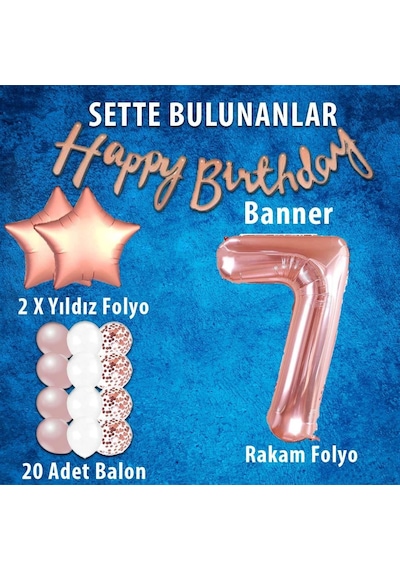 Rose Gold Konsept 7 Yaş Doğum Günü Kutlama Seti; Beyaz Gold Konfe