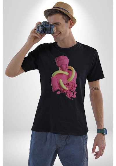 Pop Art Yaratıcı Heykel Pembe Unisex Unisex Siyah Organik Baskılı T-shirt Penye Yüksek Kalite Siyah