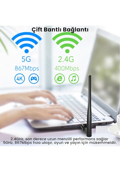 Cudy Wu1400 5ghz 867mbps, 2.4ghz 400mbps, Wi-fi Usb 3.0 Antenli Adaptör Ac1200 Serisi