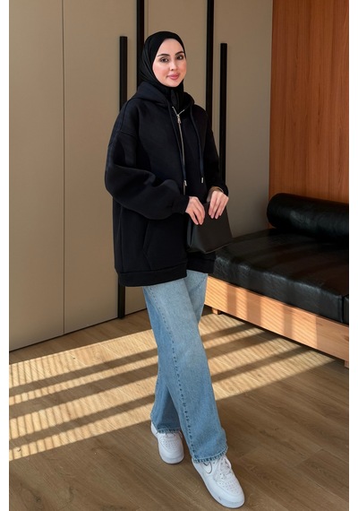 Balenbi Kadın 3 İplik İçi Polarlı Kapüşonlu Tesettür Basic Sweat Hırka 395 Siyah