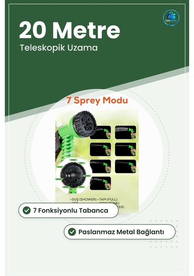 Teleskopik Uzayan Bahçe Hortumu 20 Metre 7 Fonksiyonlu Tetikli Ta