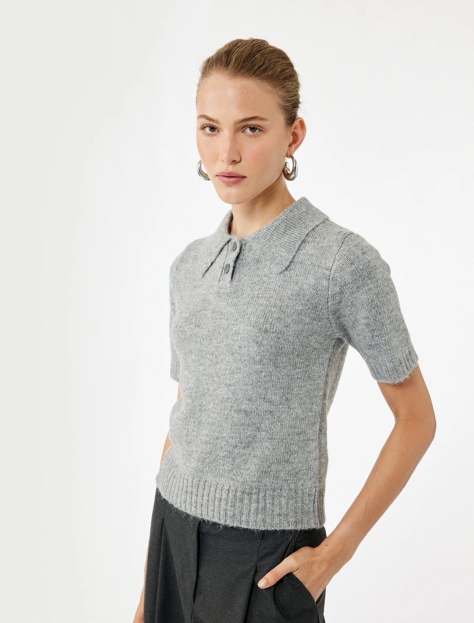 Koton Regular Fit Kısa Kollu Polo Yaka Triko Kazak Gri 6wak90107ht Gri