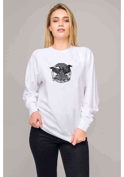 Viking Mitolojisi Odin Raven Baskılı Beyaz Kadın Sweatshirt