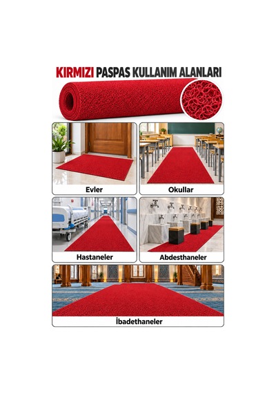 Hortumtech Kıvırcık Paspas Kir Tutucu Pvc Kapı Önü İç Dış Mekan Eko 12 Mm - Kırmızı 100 X 200 Cm
