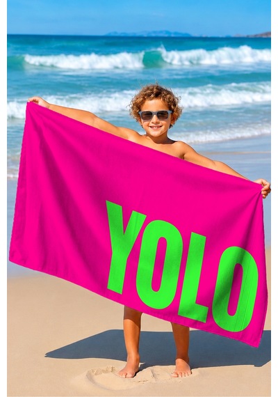 Neon Yolo Yazılı Modern Plaj Havlu Örtüsu - Fuşya Yeşil Pop Art Hızlı Kuruyan Mikrofiber Havlu Örtü Dalgın Şafak